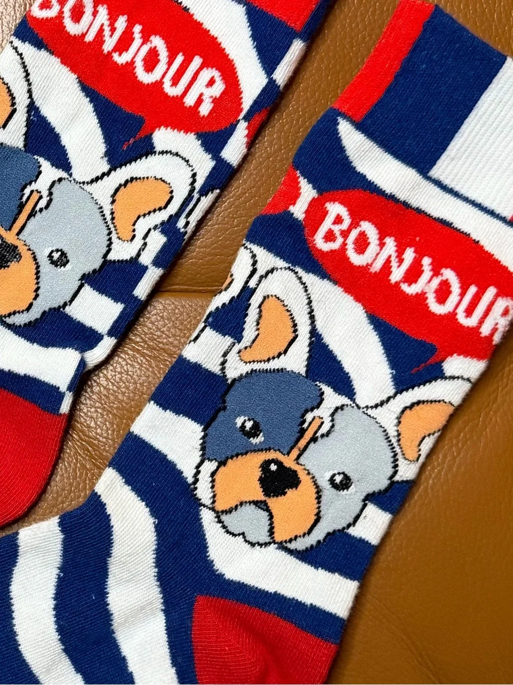🐶🇫🇷 Bonjour French Bulldog Stripe Dog Socks - Blue, White & Red Unisex Medium